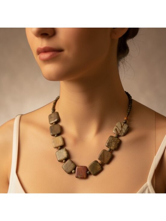 Vintage Jewelry - Vintage Jasper Stone Necklace Earthy Square Beads With Toggle Clasp Handmade